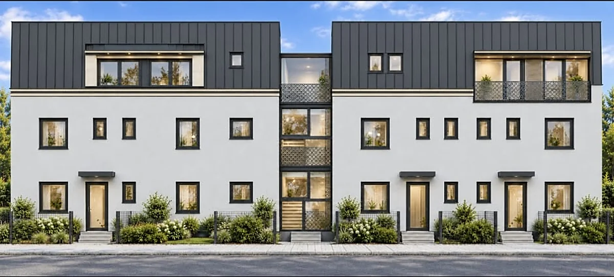 Vizualizace domu Riverside Řevnice z ulice — bílá fasáda, antracitová střecha, předzahrádky